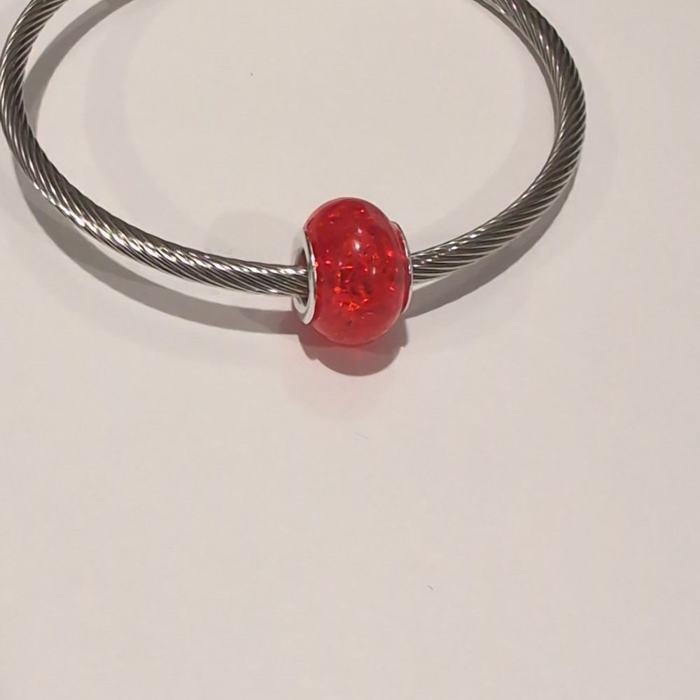 Silver Red "Crushed Glass"‎ Charm for Pandora Style Bracelet